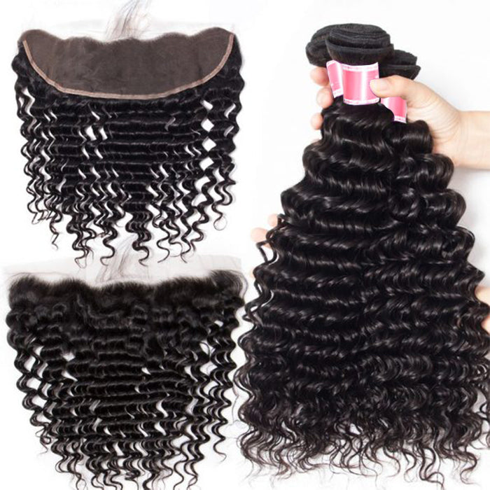 Brazilian Deep Wave Virgin Hair Weave 3 Bundles With 13*4 Lace Frontal