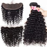 Malaysian Deep Wave Virgin Hair Weave 3 Bundles With 13x4 Lace Frontal Ear To Ear