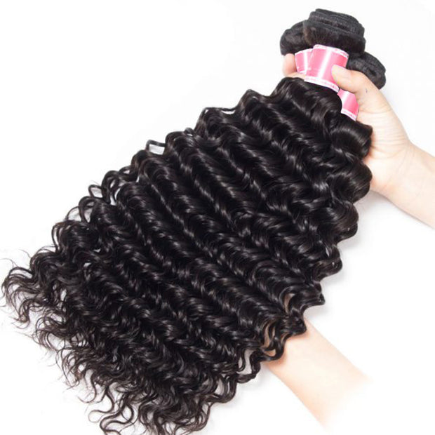 Brazilian Deep Wave Virgin Hair Weave 3 Bundles With 13*4 Lace Frontal