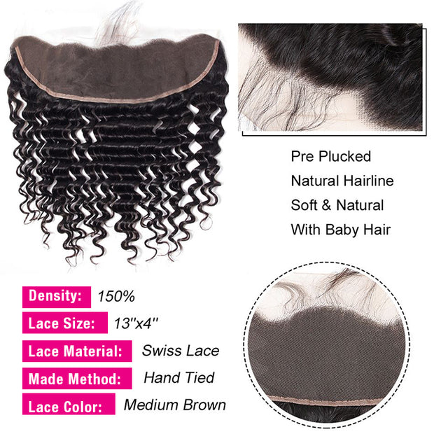 Brazilian Deep Wave Virgin Hair Weave 3 Bundles With 13*4 Lace Frontal
