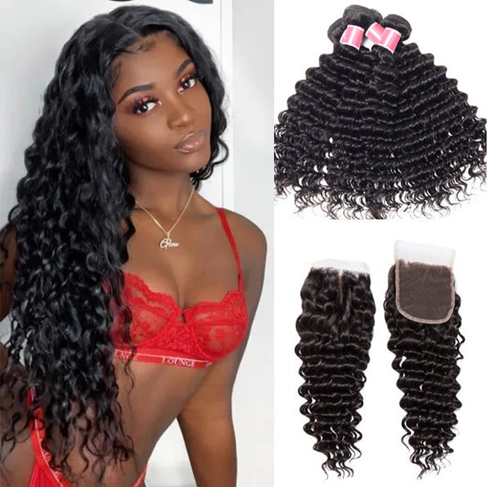 Brazilian Deep Wave 4 Bundles with 4*4 Lace Closure Virgin Human Hair