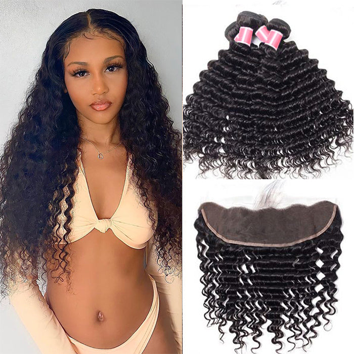 Brazilian Deep Wave 4 Bundles with 13*4 Lace Frontal Virgin Human Hair