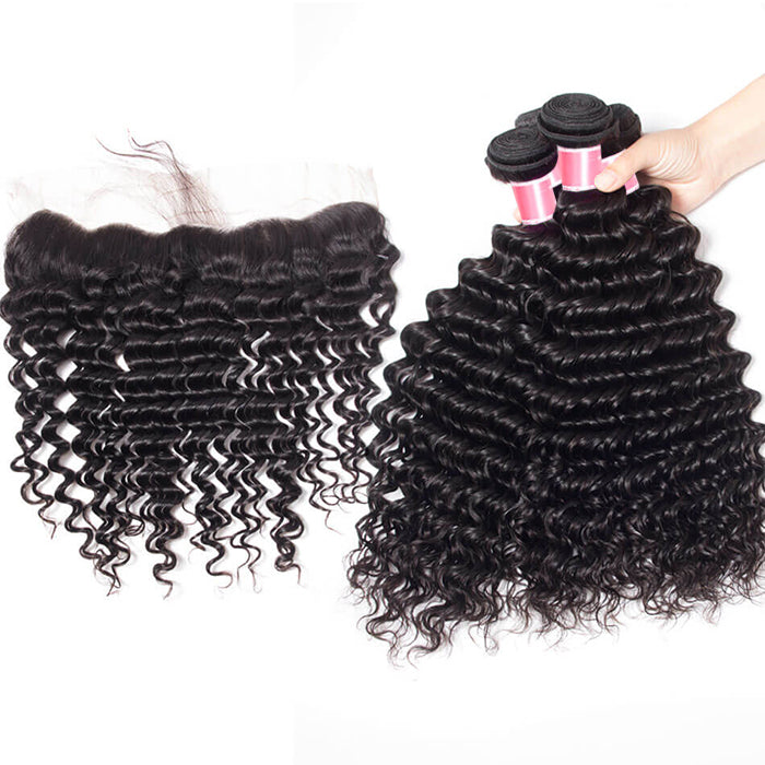 Brazilian Deep Wave 4 Bundles with 13*4 Lace Frontal Virgin Human Hair