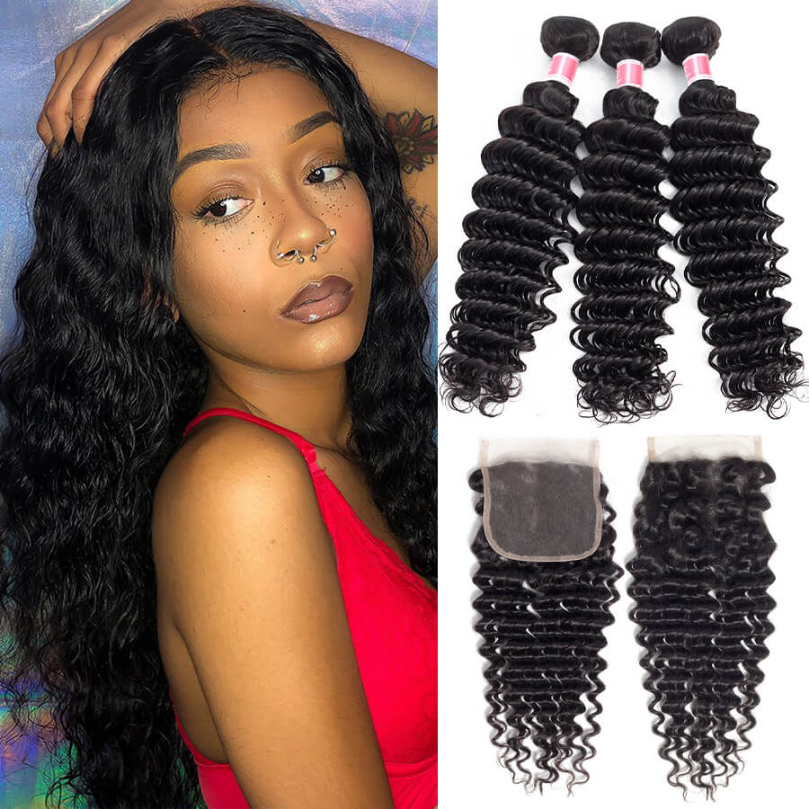 Brazilian Deep Wave Hair 3 Bundles With Closure High Quality 100% Unprocessed Virgin Human Hair Bundles With Closure