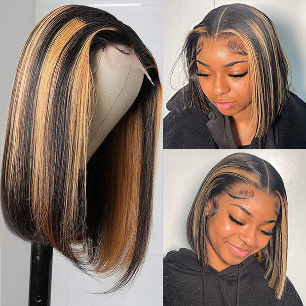 Blonde Highlight Lace Front Bob Wig Mix Color 1B/27# Human Hair Bob Wig 150% Density