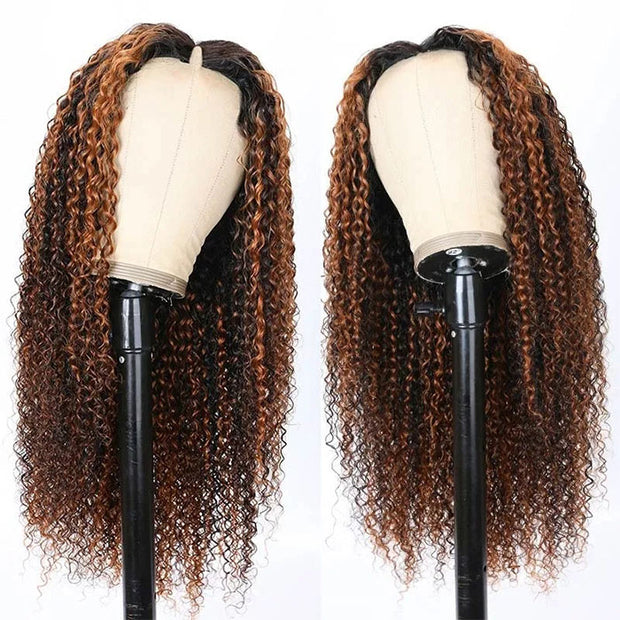 V/U Part Wig Curly Balayage Highlight Color Wigs Human Hair Beginner Friendly No Lace