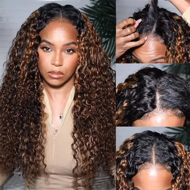 V/U Part Wig Curly Balayage Highlight Color Wigs Human Hair Beginner Friendly No Lace