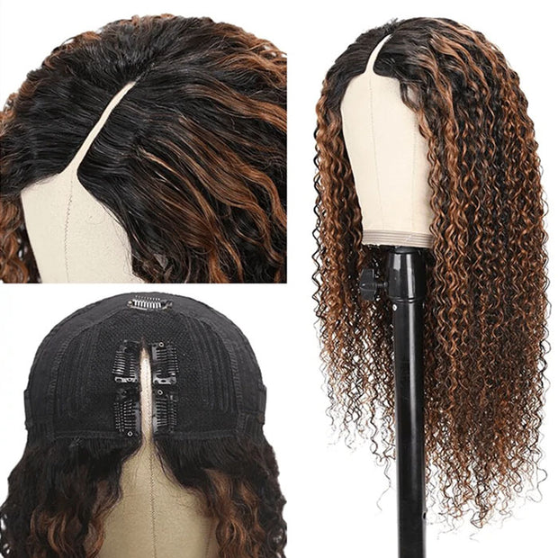 V/U Part Wig Curly Balayage Highlight Color Wigs Human Hair Beginner Friendly No Lace