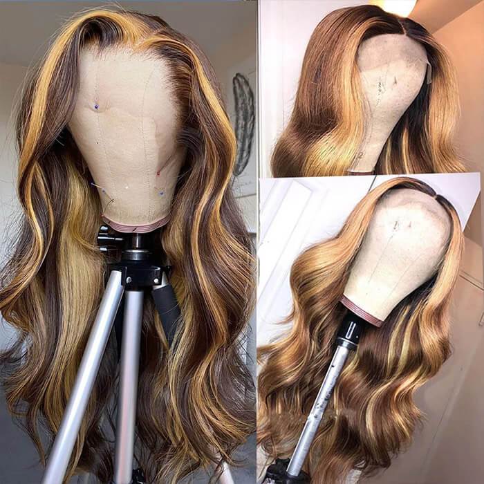 4/27 Honey Blonde Wig 13*4 Lace Front Wigs Human Hair Body Wave Ombre Wig