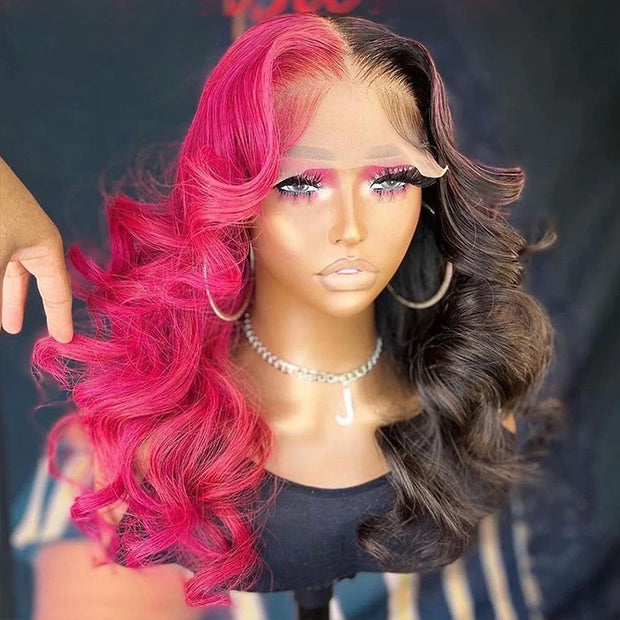 Half Rose Pink Half Black Color Body Wave Wigs 13x4 HD Lace Frontal Wig Human Hair