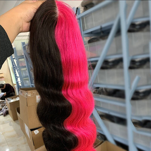 Half Rose Pink Half Black Color Body Wave Wigs 13x4 HD Lace Frontal Wig Human Hair