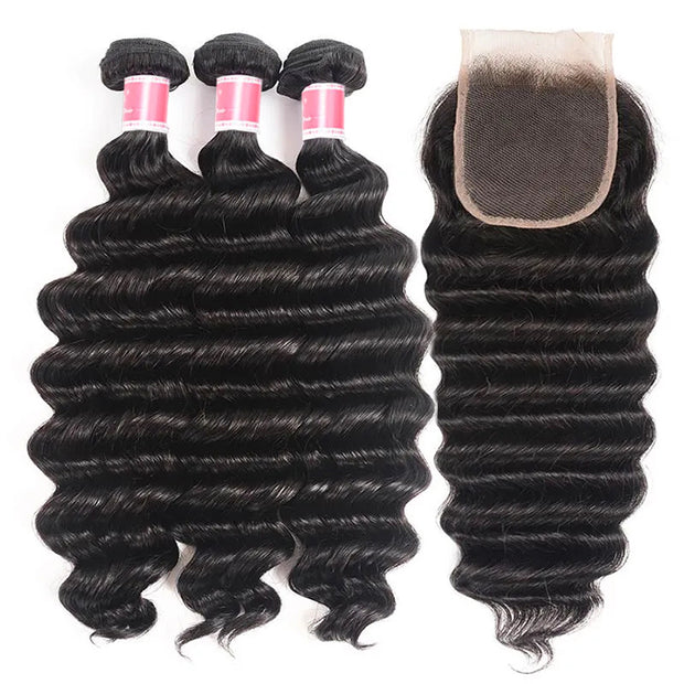 Malaysian Loose Deep Wave 3 Bundles with 4*4 Closure Soft Unprocessed Virgin Human Hair