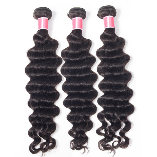 Peruvian Loose Deep Wave Virgin Hair Weave 3 Bundles With 13*4 Lace Frontal