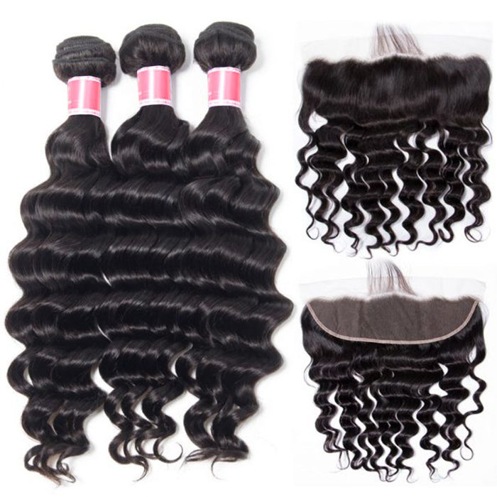 Malaysian Loose Deep Wave Virgin Hair Weave 3 Bundles With 13x4 Lace Frontal Ear To Ear