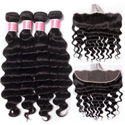Peruvian Loose Deep Wave 4 Bundles With 13x4 Lace Frontal 10A Virgin Human Hair Bundles With Frontal Deal