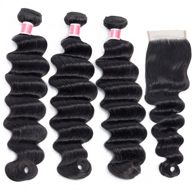 Peruvian Loose Deep Wave Virgin Hair 3 Bundles with Closure 100% Unprocess Human Hair Weave Bundles with Closure