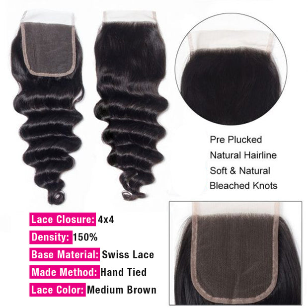 Peruvian Loose Deep Wave 4 Bundles with 4*4 Closure Soft Unprocessed Virgin Human Hair