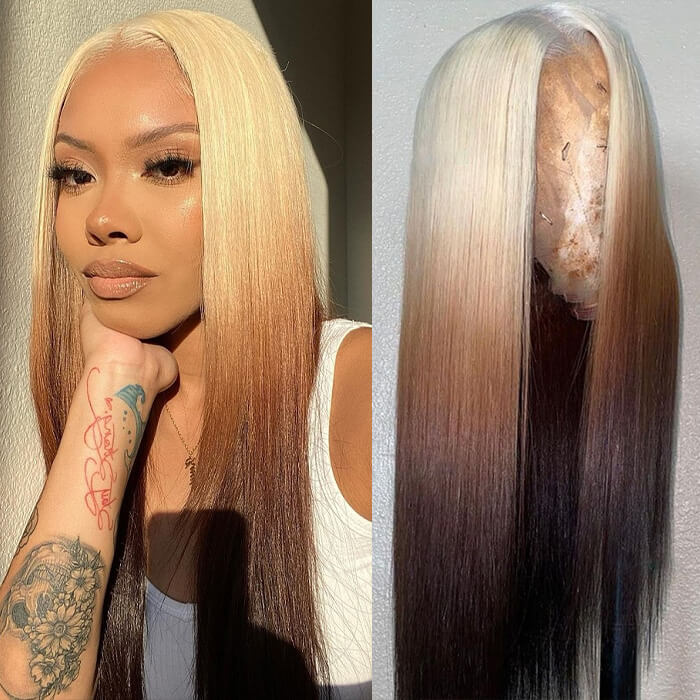 ombre blonde brown straight lace front wig