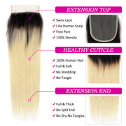 Ombre T1B/613 Blonde Brazilian Straight Hair 3 Bundles With 4*4 Closure Virgin Human Hair