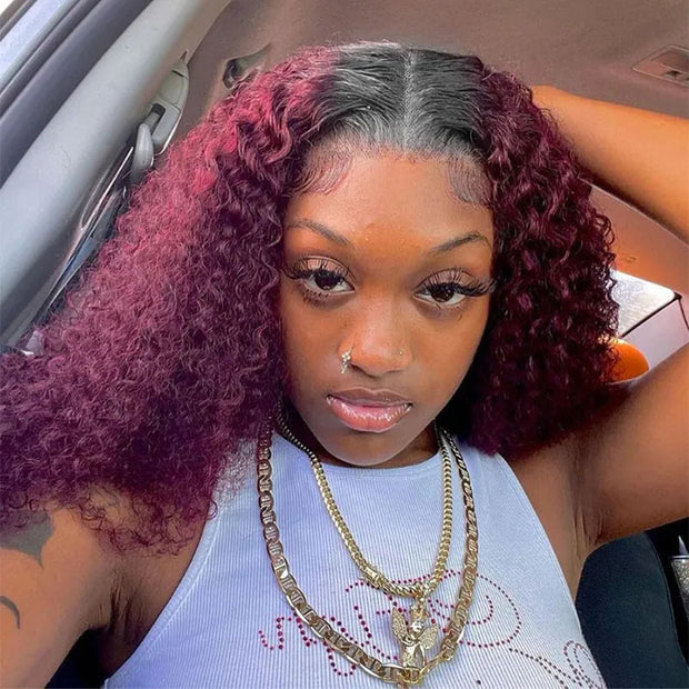 Glueless V/U Part Jerry Curly Wig 99J Burgundy Red Color With Dark Roo ...
