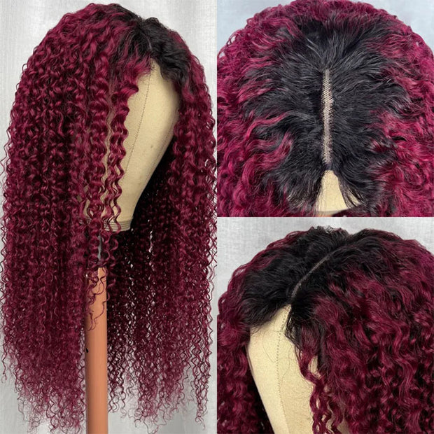 Glueless V/U Part Jerry Curly Wig 99J Burgundy Red Color With Dark Roots Beginner Friendly