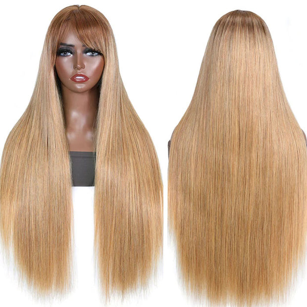 Ombre Blonde Silky Straight 13x4 Lace Front Wigs/Full Machine Made Wig With Brown Bangs