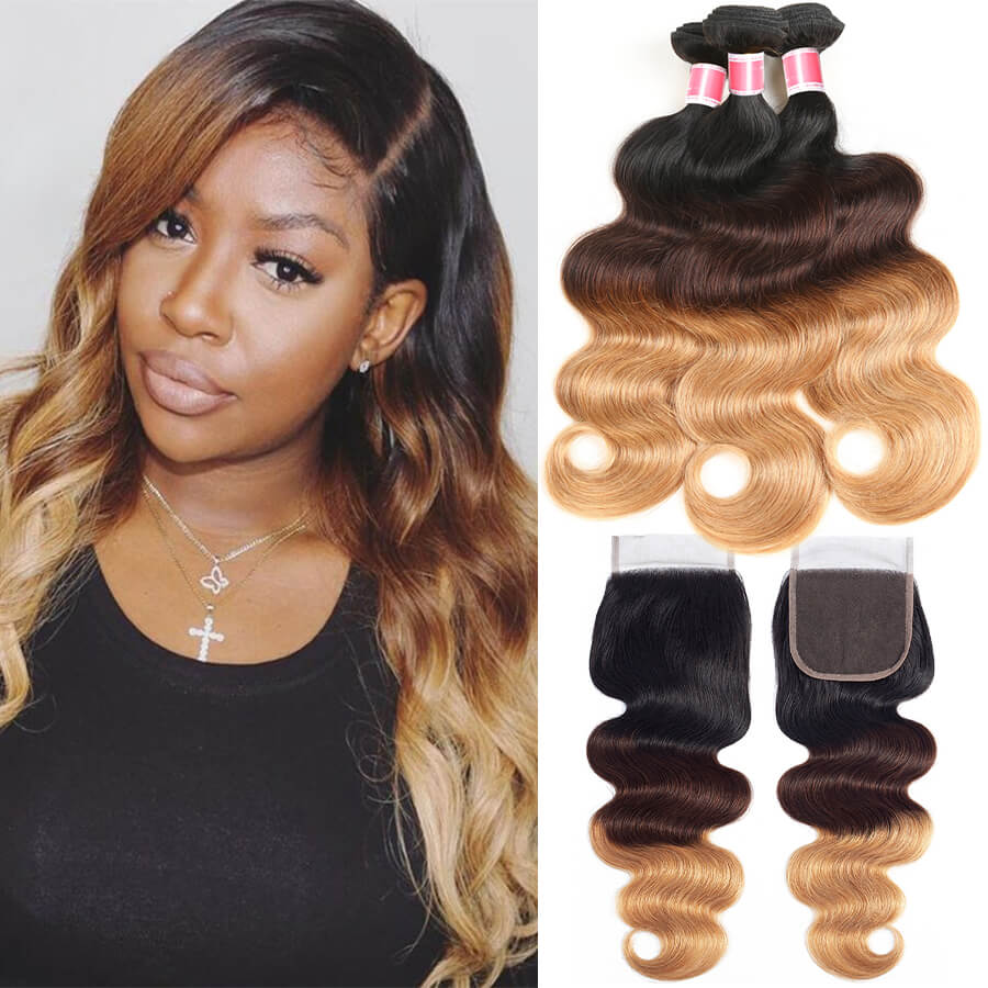 T1b/4/27 Ombre Human Hair Bundles with Closure Free Part