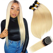 Ombre T1B/613 Blonde Brazilian Straight Hair 3 Bundles With 4*4 Closure Virgin Human Hair