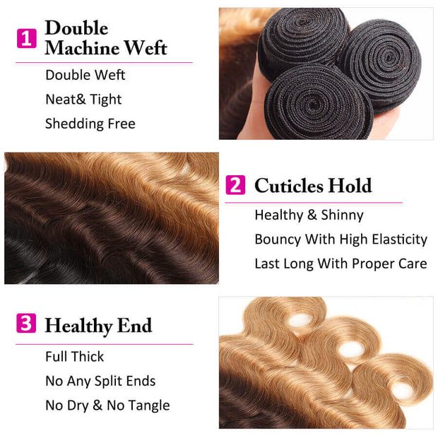 T1b/4/27 Ombre Human Hair 3 Bundles with Closure Free Part Brazilian Body Wave Hermosa Hair
