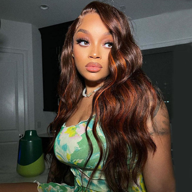 Highlight Orange Brown Lace Front Human Hair Wigs Pre Plucked 13x4 HD Lace Front Wigs For Women