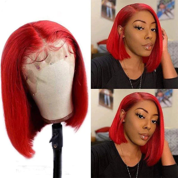 Red Bob Wig Straight 13x4 Lace Front Human Hair Wig Natural Hairline Bob Wigs 150% Density