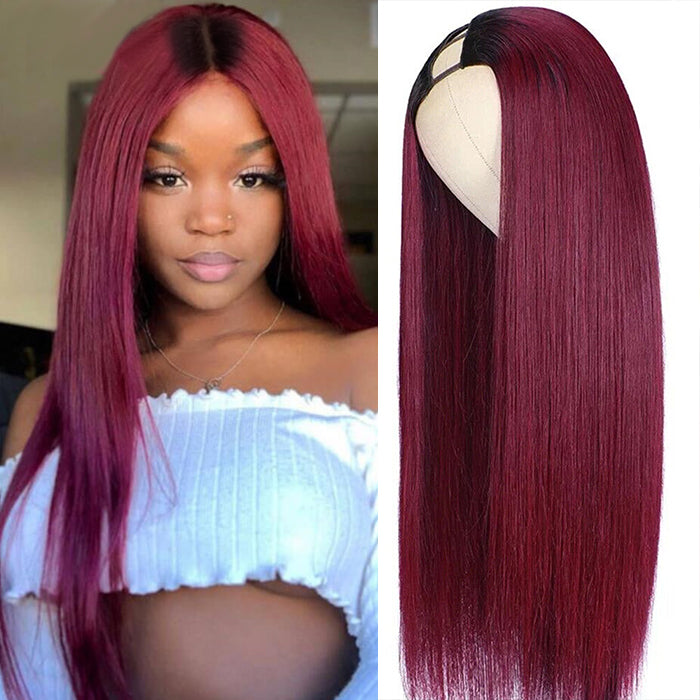 Glueless 1B/99J Straight V/U Part Lace Wig No Leave Out Ombre Burgundy v Part Wig Human Hair