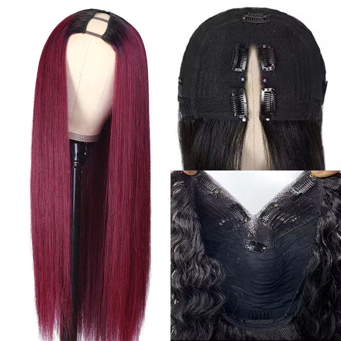 Glueless 1B/99J Straight V/U Part Lace Wig No Leave Out Ombre Burgundy v Part Wig Human Hair