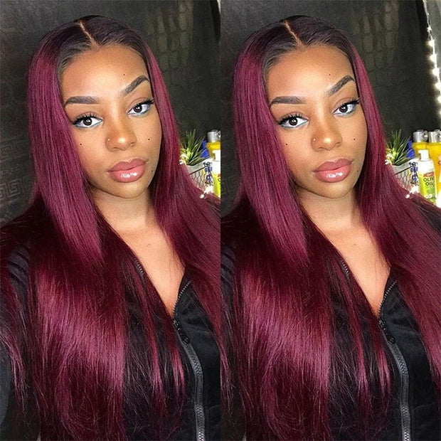 Glueless 1B 99J Straight V U Part Lace Wig No Leave Out Ombre Burgundy Hermosa Hair