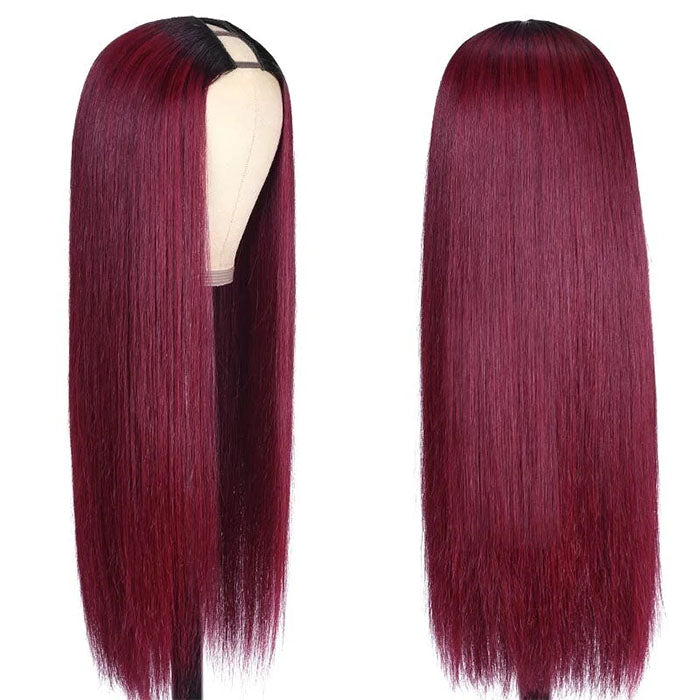 Glueless 1B/99J Straight V/U Part Lace Wig No Leave Out Ombre Burgundy v Part Wig Human Hair