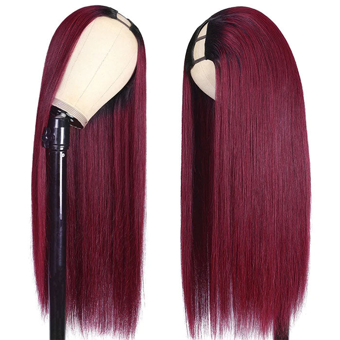 Glueless 1B/99J Straight V/U Part Lace Wig No Leave Out Ombre Burgundy v Part Wig Human Hair