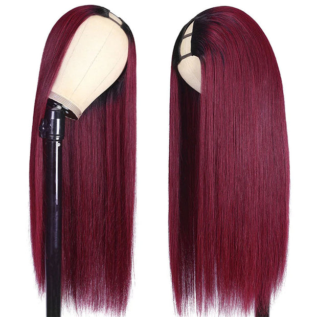 Glueless 1B/99J Straight V/U Part Lace Wig No Leave Out Ombre Burgundy v Part Wig Human Hair