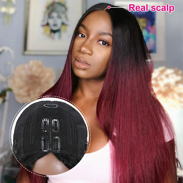 Glueless 1B/99J Straight V/U Part Lace Wig No Leave Out Ombre Burgundy v Part Wig Human Hair