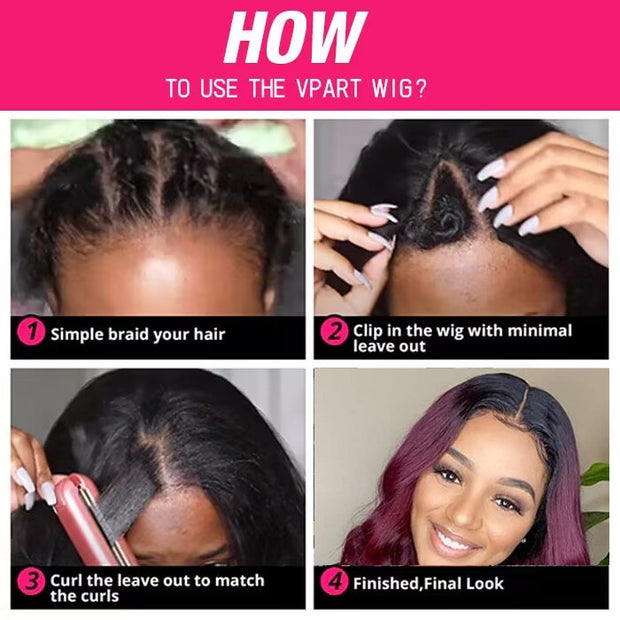 Glueless 1B/99J Straight V/U Part Lace Wig No Leave Out Ombre Burgundy v Part Wig Human Hair