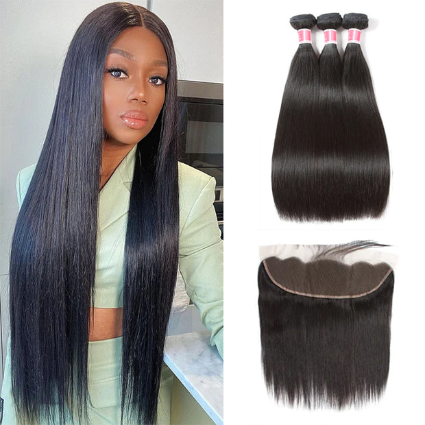 Malaysian Straight Virgin Hair Weave 3 Bundles With Lace Frontal 13x4 Ear To Ear