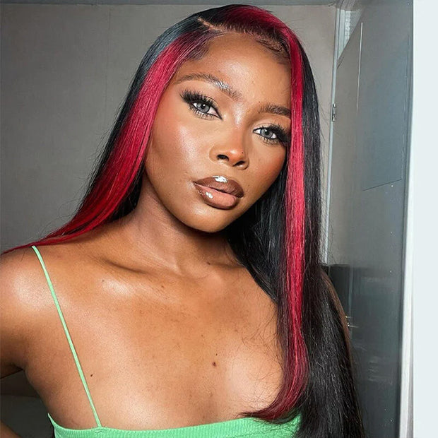 Hot Pink Skunk Stripe Colored Human Hair Wigs Straight 13x4 5 5 HD