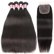 Brazilian Straight Hair 4 Bundles with 4*4 Lace Closure Virgin Human Hair