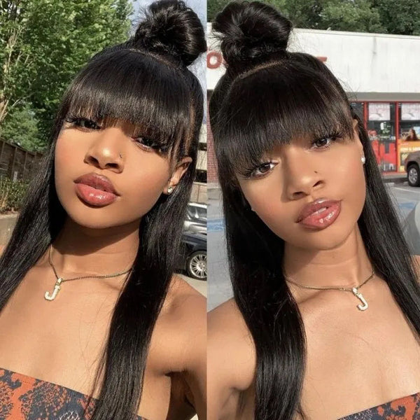 Straight Human Hair Wig with Bangs Glueless 180% Density 2x4 HD Lace Closure Glueless Human Hair Wigs with Bangs for Black Women Straight  main image 2