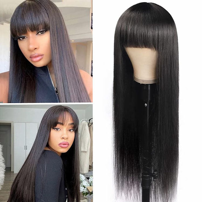 Glueless Human Hair Wigs with Bangs for Black Women Straight 2x4 HD Lace Wigs With Bangs