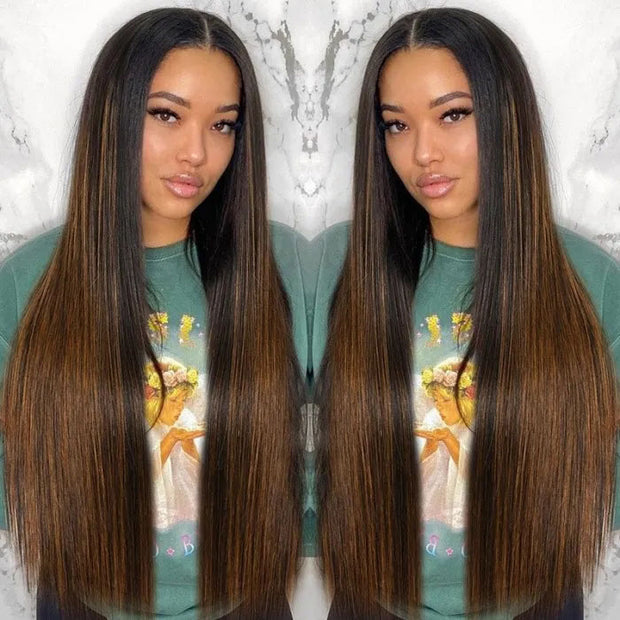 Hot Highlight Balayage Straight V/U Part Wig No Leave Out Glueless Human Hair Wigs Beginner Friendly