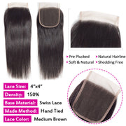 Peruvian Straight Hair 4 Bundles with 4*4 Closure Soft Unprocessed Virgin Human Hair