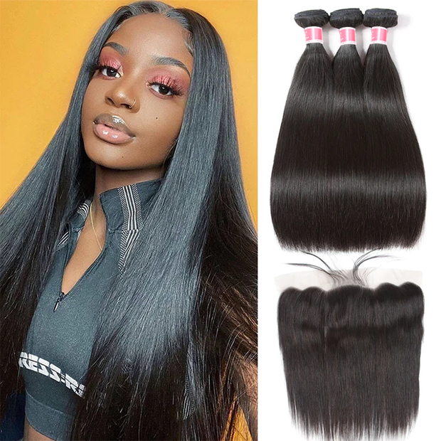 3 Bundles Peruvian Straight Human Hair with 13*4 Ear to Ear Lace Frontal Closure Straight Bundles With Closure