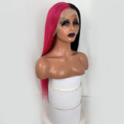 Half Rose Pink Half Black Color Straight 13x4 HD Lace Frontal Wig Human Hair