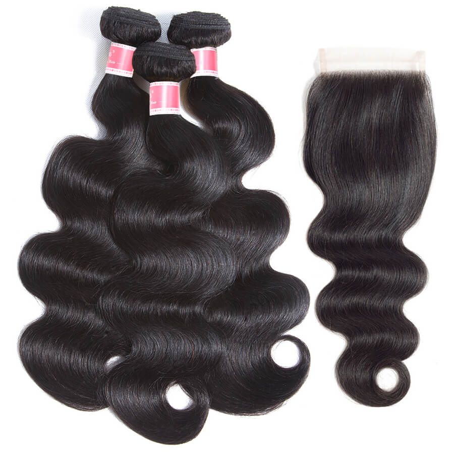 Brazilian Body Wave 3 Bundles with 4*4 Lace Closure Virgin Human Hair