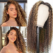 4/27 Blonde Highlights Jerry Curly V/U Part Human Hair Wig Beginner Friendly No Lace